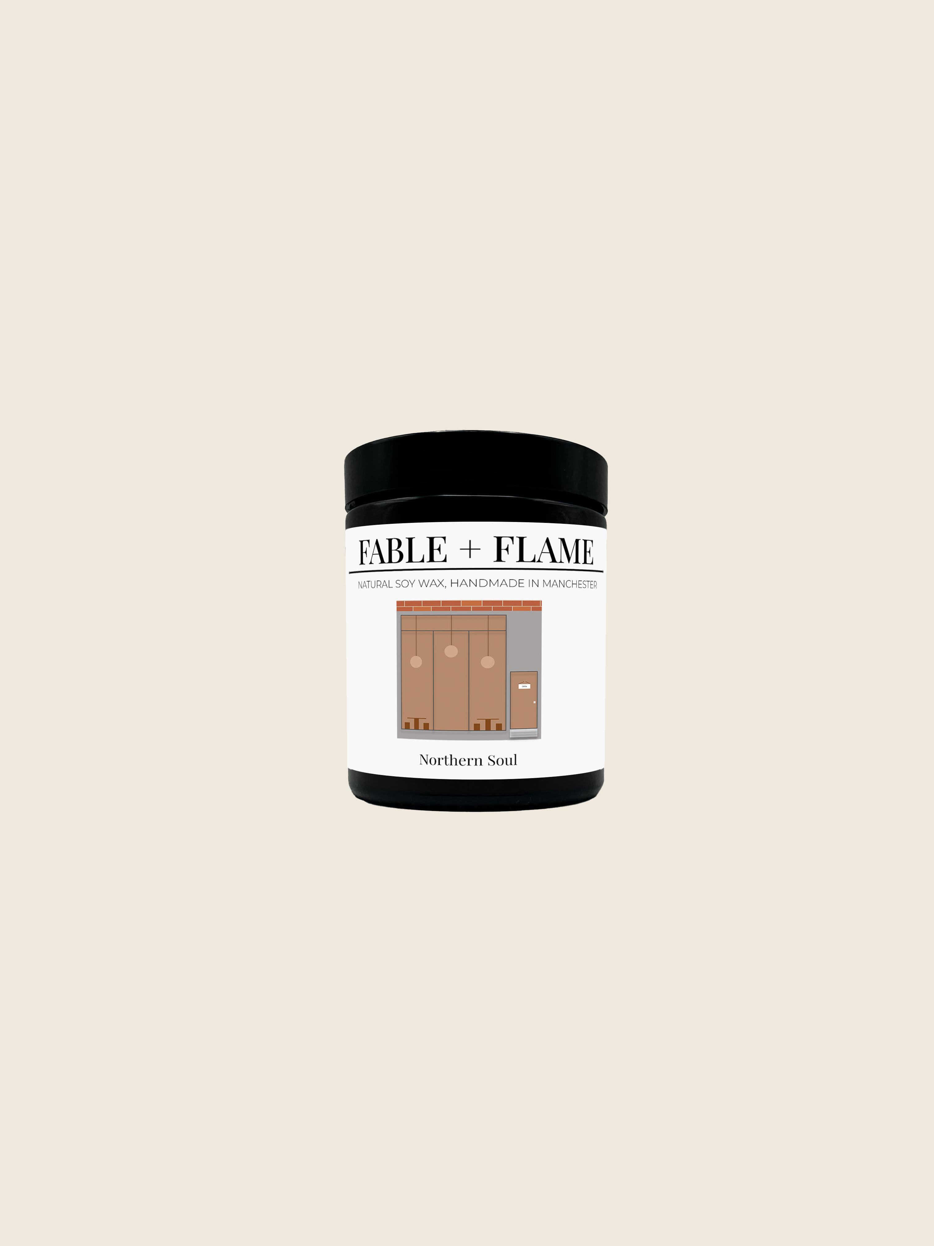 Fable and Flame Candle on a beige background in the scent 'Northern Soul'