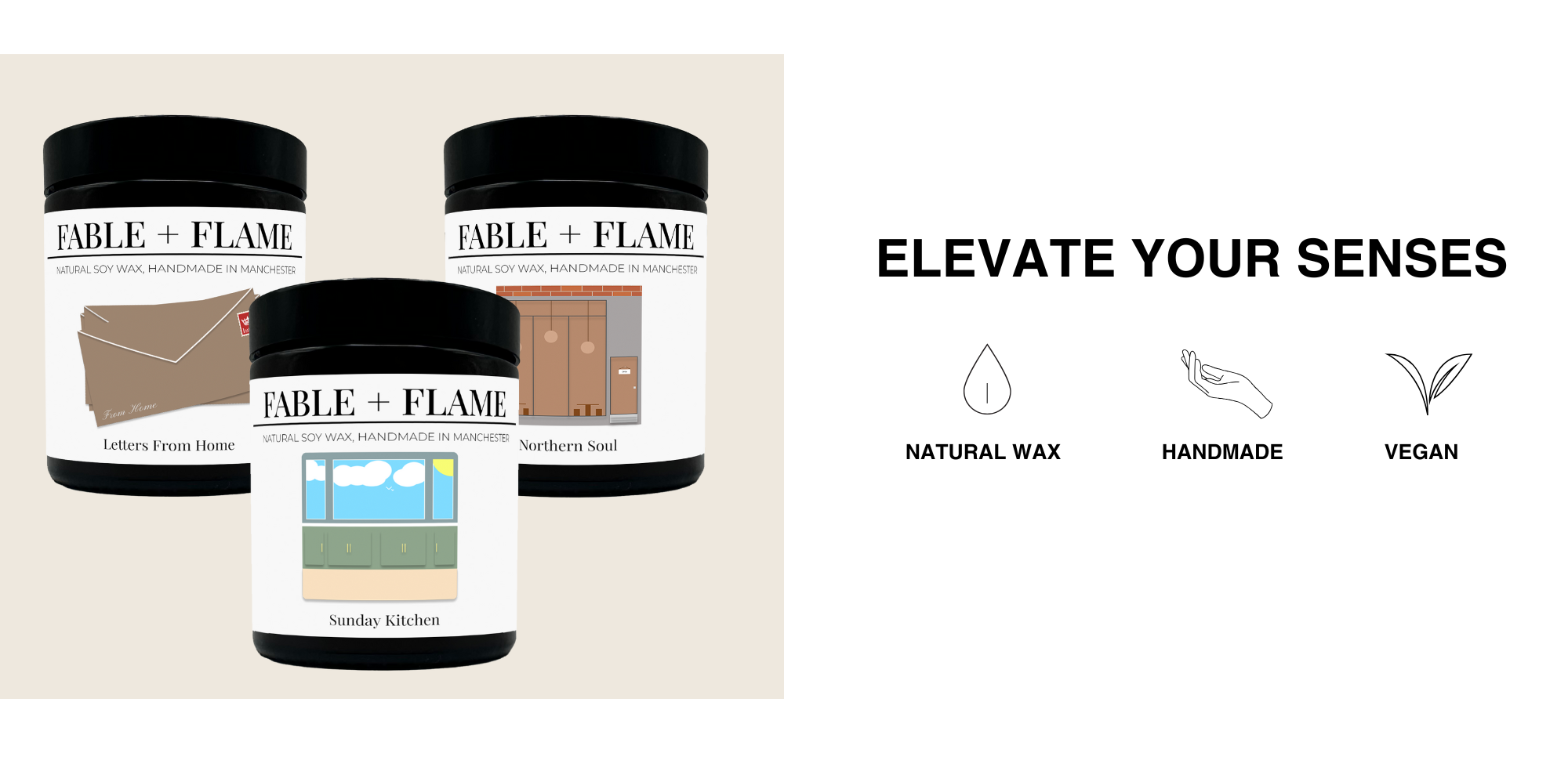 Three candles from Fable + Flame with labels on a beige background, featuring text 'Elevate Your Senses' and icons for natural wax, handmade, and vegan.
